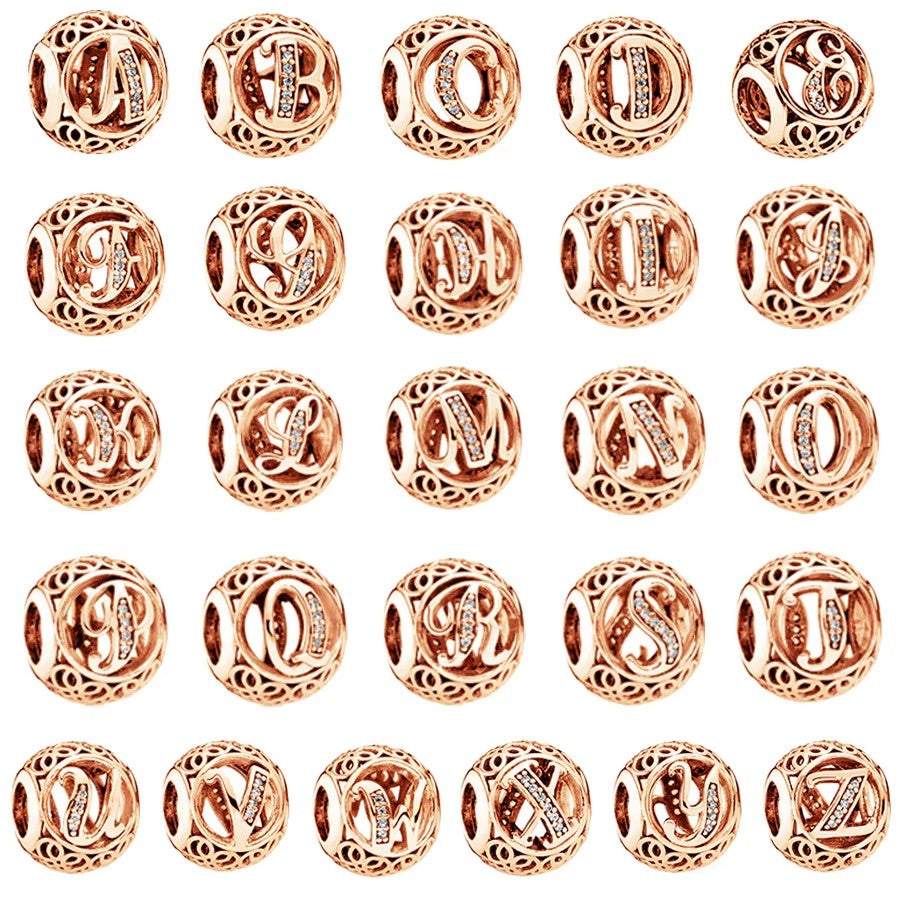 Rose Gold Plated 26 Alphabet Sphericity Charm Beads Fit Original 925 Sterling Silver Bracelet DIY Jewelry