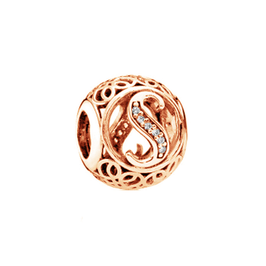 Rose Gold Plated 26 Alphabet Sphericity Charm Beads Fit Original 925 Sterling Silver Bracelet DIY Jewelry