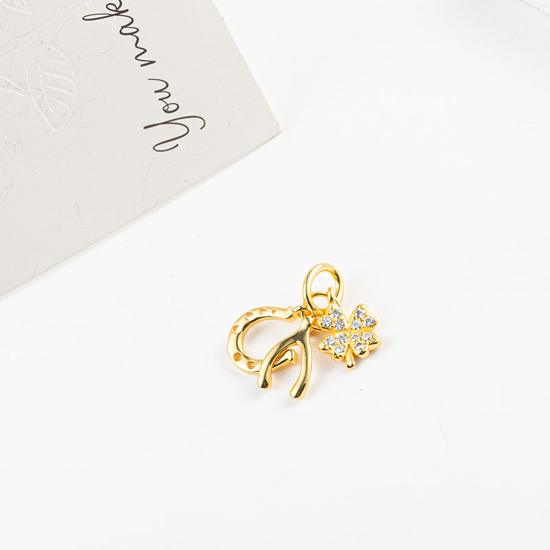 Gold plated Lucky horseshoe&clover Charm Beads Fit Original 925 Sterling Silver Pandora Bracelet DIY Women Jewelry Gift