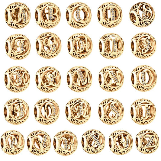 Gold Plated 26 Alphabet Sphericity Charm Beads Fit Original 925 Sterling Silver Bracelet DIY Jewelry