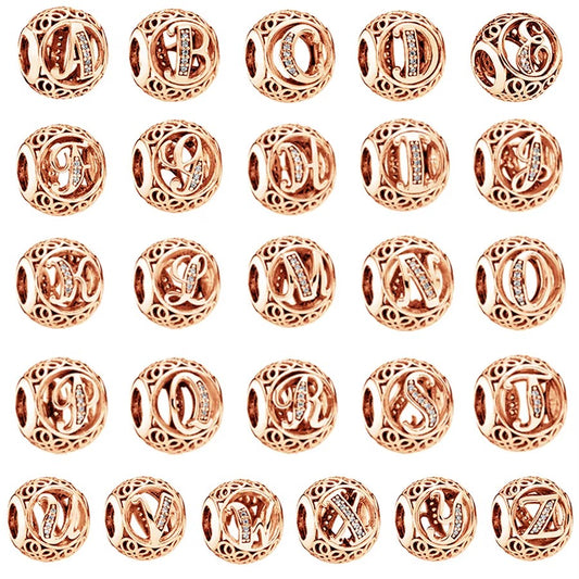 Rose Gold Plated 26 Alphabet Sphericity Charm Beads Fit Original 925 Sterling Silver Bracelet  DIY Jewelry