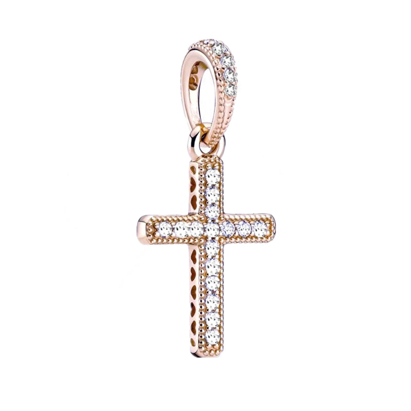 Rose Gold Plated Dangle Cross Charm Beads Fit Original Pandora 925 Sterling Silver DIY Jewelry MD1158