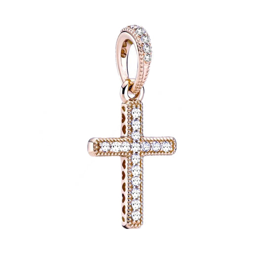 Rose Gold Plated Dangle Cross Charm Beads Fit Original Pandora 925 Sterling Silver DIY Jewelry MD1158