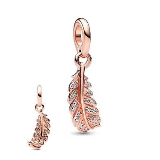 Rose Gold Plated Dangle Feather Charm Beads Fit Original Pandora 925 Sterling Silver DIY Jewelry MD1346