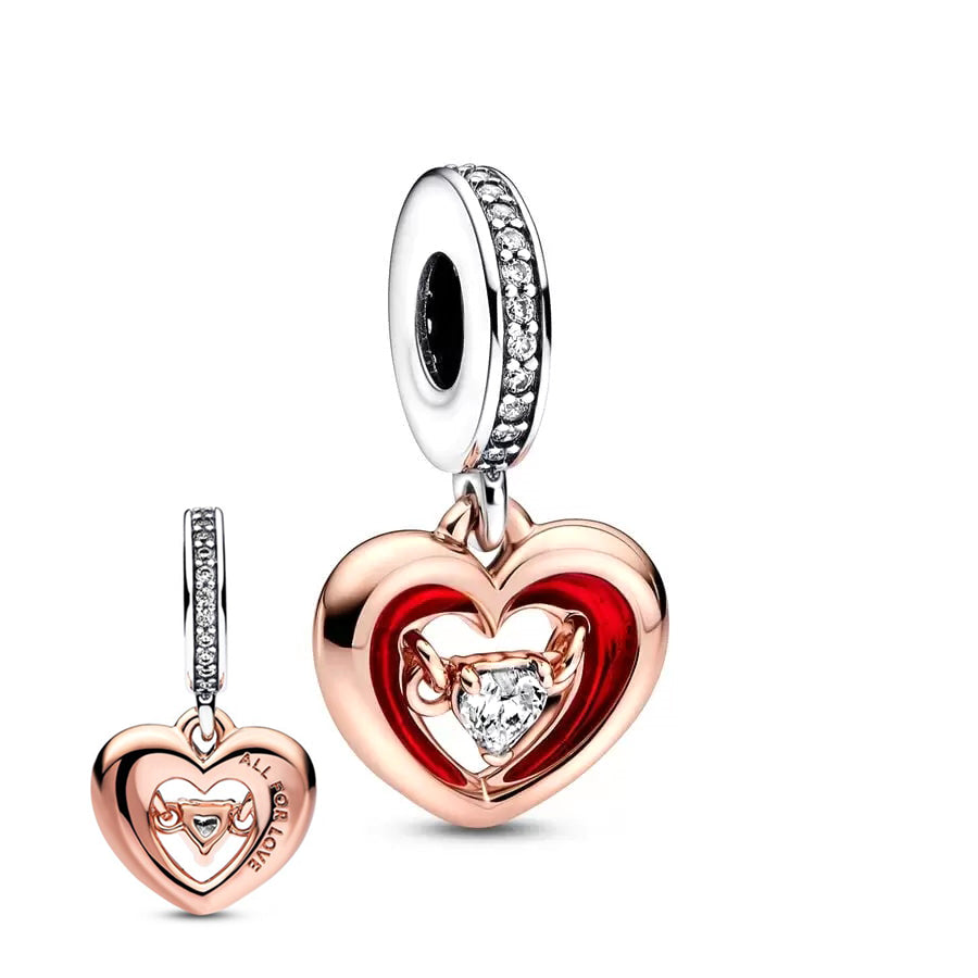 Rose Gold Plated Dangle Heart Charm Beads Fit Original Pandora 925 Sterling Silver DIY Jewelry MD1419