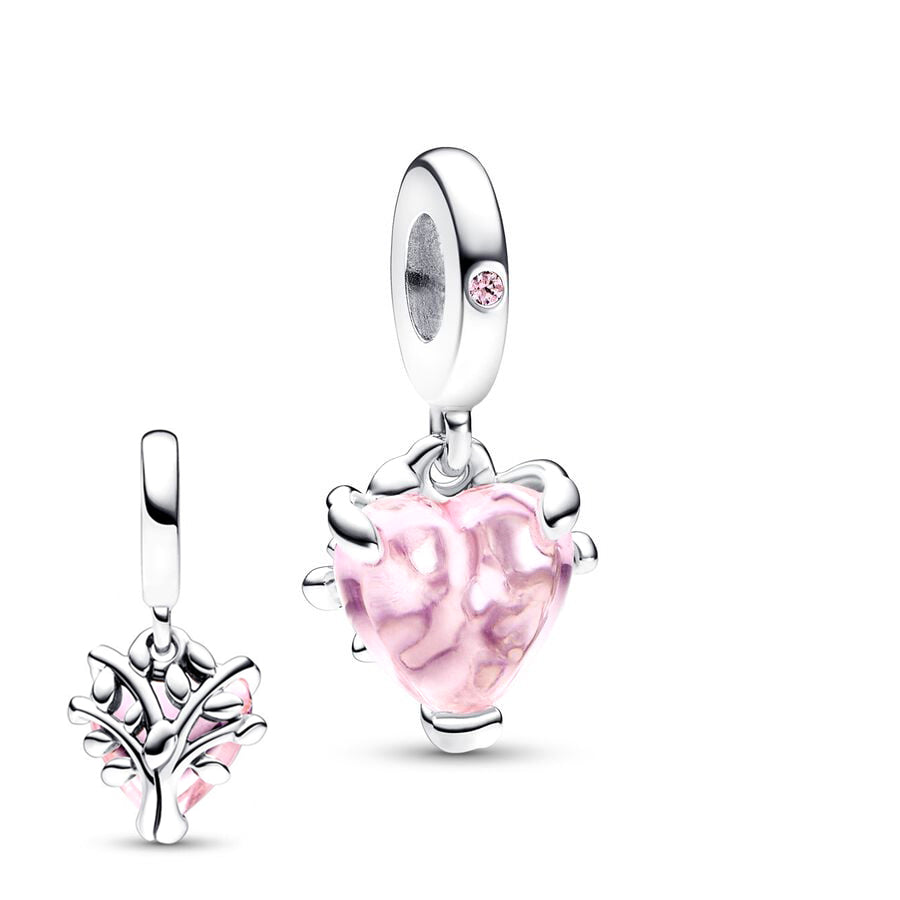 Pink Family Tree & Heart Charm Bead Fit Original 925 Sterling Silver Pandora Bracelet DIY Women Jewelry SS1456