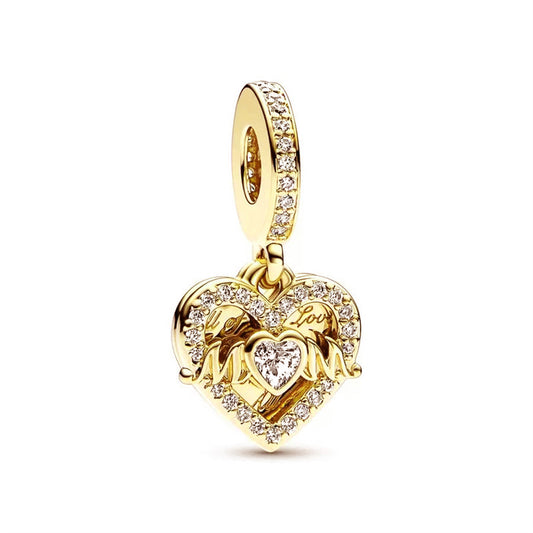 Gold plated Mom heart Charm Bead Fit Original Pandora Bracelet DIY Jewelry DZ1914