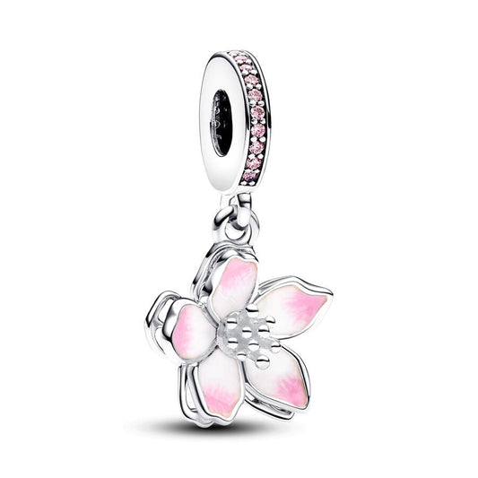 Cherry Blossom Charm Bead Fit Original 925 Sterling Silver Pandora Bracelet DIY Women Jewelry SS1964