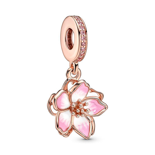 Rose Gold Plated Dangle Flower Charm Beads Fit Original Pandora 925 Sterling Silver DIY Jewelry MD262