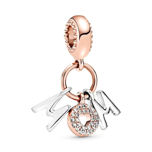 Rose Gold Plated Dangle Mom Charm Beads Fit Original Pandora 925 Sterling Silver DIY Jewelry MD263