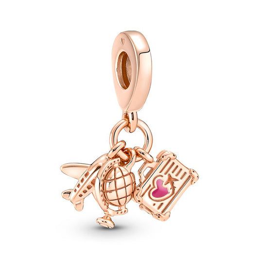 Rose Gold Plated Dangle Travel Charm Beads Fit Original Pandora 925 Sterling Silver DIY Jewelry MD296