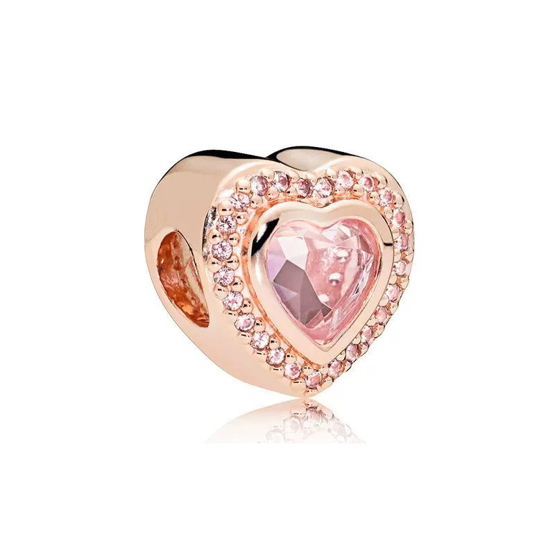 Rose Gold Heart Charm Bead Fit Original Pandora Silver 925 Bracelet DIY Jewelry MZ342