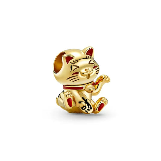 Gold Plated Series Lucky Cat Charm Bead Fit Original Pandora 925 Sterling Silver Bracelet DIY Jewelry ZZ349